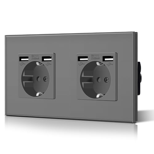BSEED Doppelt Schuko Steckdose Glas 3 in 1 Unterputz mit 1/4 USB Ladeleistung Adapter Aufladestation Verlängerungssteckdosen WandSteckdose 16 Amp Einfache Installation 157mm Grau BSEED Doppelt Schuko Steckdose Glas 3 in 1 Unterputz mit 1/4 USB Ladeleistung Adapter Aufladestation Verlängerungssteckdosen WandSteckdose 16 Amp Einfache Installation 157mm Grau von BSEED