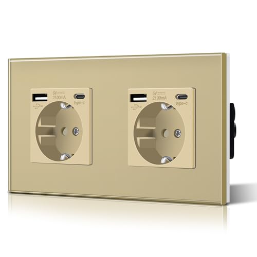 BSEED Doppelt Schuko Wand Steckdose mit USB & Typ C Glas 3 in 1 Unterputz Steckdosen 2 Weg mit 2.1 A USB Ladeleistung und Typ C Adapter Aufladestation Verlängerungssteckdosen 157mm Gold von BSEED