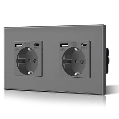 BSEED Doppelt Schuko Wand Steckdose mit USB & Typ C Glas 3 in 1 Unterputz Steckdosen 2 Weg mit 2.1 A USB Ladeleistung und Typ C Adapter Aufladestation Verlängerungssteckdosen 157mm Grau von BSEED