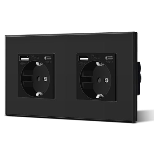 BSEED Doppelt Schuko Wand Steckdose mit USB & Typ C Glas 3 in 1 Unterputz Steckdosen 2 Weg mit 2.1 A USB Ladeleistung und Typ C Adapter Aufladestation Verlängerungssteckdosen 157mm Schwarz von BSEED