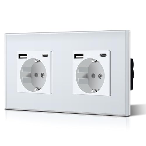 BSEED Doppelt Schuko Wand Steckdose mit USB & Typ C Glas 3 in 1 Unterputz Steckdosen 2 Weg mit 2.1 A USB Ladeleistung und Typ C Adapter Aufladestation Verlängerungssteckdosen 157mm Weiß von BSEED
