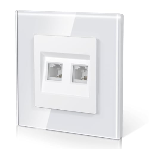 BSEED Doppelt Telefonsteckdose aus Glas,Unterputz Wandsteckdose mit Krallen, NEU E-Serie, 86mm Weiß von BSEED