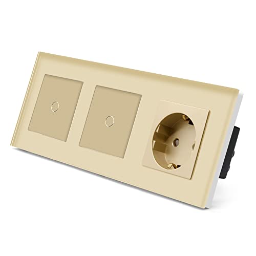 BSEED Doppelt Touch Lichtschalter 1 Fach 1 Weg Schalter mit Steckdosen, Kein Neutralleiter, KEIN-WIFI, Gehärtete Kristallplatte, Glas Touch-Panel Gold 228mm BSEED Doppelt Touch Lichtschalter 1 Fach 1 Weg Schalter mit Steckdosen, Kein Neutralleiter, KEIN-WIFI, Gehärtete Kristallplatte, Glas Touch-Panel Gold 228mm von BSEED