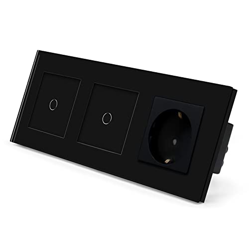 BSEED Doppelt Touch Lichtschalter 1 Fach 1 Weg Schalter mit Steckdosen, Kein Neutralleiter, KEIN-WIFI, Gehärtete Kristallplatte, Glas Touch-Panel Schwarz 228mm von BSEED