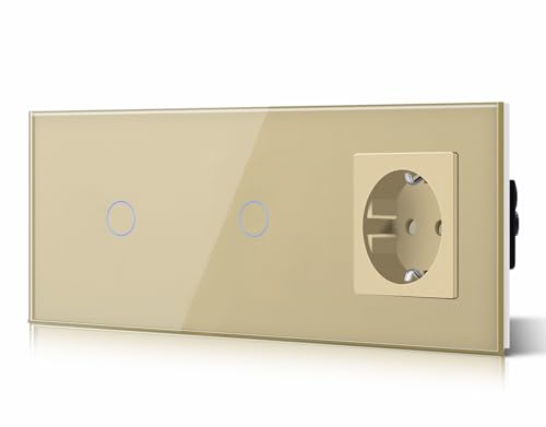 BSEED Doppelt Touch Lichtschalter 1 Fach 2 Wege Schalter mit Steckdosen, Kein Neutralleiter, KEIN-WIFI, Gehärtete Kristallplatte, Glas Touch-Panel Gold 228mm BSEED Doppelt Touch Lichtschalter 1 Fach 2 Wege Schalter mit Steckdosen, Kein Neutralleiter, KEIN-WIFI, Gehärtete Kristallplatte, Glas Touch-Panel Gold 228mm von BSEED