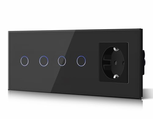 BSEED Doppelt Touch Lichtschalter 2 Fach 1 Weg Schalter mit Steckdosen, Kein Neutralleiter, KEIN-WIFI, Gehärtete Kristallplatte, Glas Touch-Panel Schwarz 228mm von BSEED