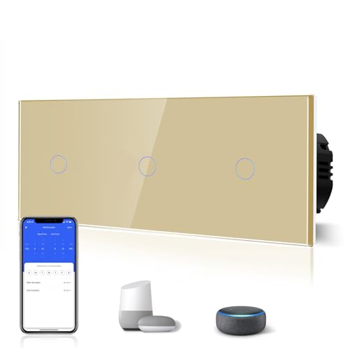 BSEED Drei Fach Smart Alexa Lichtschalter aus Glas, WiFi Touch Wandschalter 1 Fach 1 Weg (Neutralleiter Erforderlich), Alexa/Tuya/Google Home-kompatible 228mm * 86mm Gold von BSEED