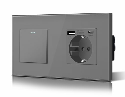 BSEED Druckknopf Rocker Tactile 1 Fach 1 Weg Lichtschalter Glas und 3 in 1 Steckdose mit 2.1A USB Ladeleistung mit Type C Adapter Aufladestation Glasscheibe Wandschalter Grau von BSEED