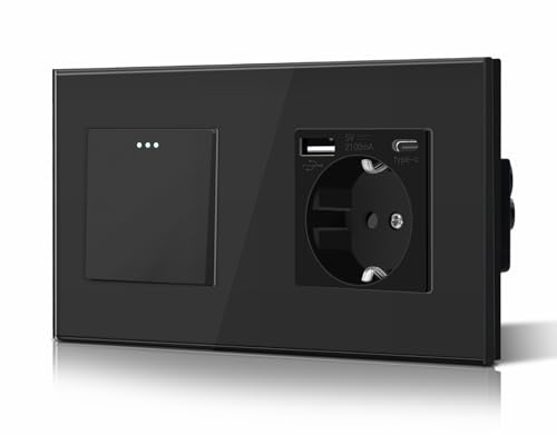 BSEED Druckknopf Rocker Tactile 1 Fach 1 Weg Lichtschalter Glas und 3 in 1 Steckdose mit 2.1A USB Ladeleistung mit Type C Adapter Aufladestation Glasscheibe Wandschalter Schwarz BSEED Druckknopf Rocker Tactile 1 Fach 1 Weg Lichtschalter Glas und 3 in 1 Steckdose mit 2.1A USB Ladeleistung mit Type C Adapter Aufladestation Glasscheibe Wandschalter Schwarz von BSEED