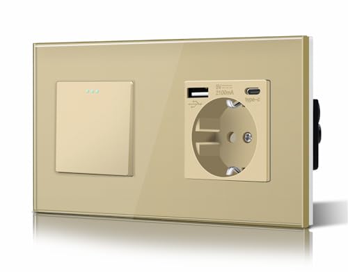BSEED Druckknopf Rocker Tactile 1 Fach 2 Weg Lichtschalter Glas und 3 in 1 Steckdose mit 2.1A USB Ladeleistung mit Type C Adapter Aufladestation Glasscheibe Wandschalter Gold von BSEED