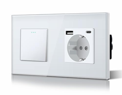 BSEED Druckknopf Rocker Tactile 1 Fach 2 Weg Lichtschalter Glas und 3 in 1 Steckdose mit 2.1A USB Ladeleistung mit Type C Adapter Aufladestation Glasscheibe Wandschalter Weiß von BSEED