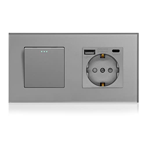 BSEED Druckknopf Rocker Tactile 1 Fach 3 Weg Lichtschalter Glas und 3 in 1 Steckdose mit 2.1A USB Ladeleistung mit Type C Adapter Aufladestation Glasscheibe Wandschalter Grau BSEED Druckknopf Rocker Tactile 1 Fach 3 Weg Lichtschalter Glas und 3 in 1 Steckdose mit 2.1A USB Ladeleistung mit Type C Adapter Aufladestation Glasscheibe Wandschalter Grau von BSEED