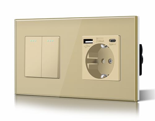 BSEED Druckknopf Rocker Tactile 2 Fach 2 Weg Lichtschalter Glas und 3 in 1 Steckdose mit 2.1A USB Ladeleistung mit Type C Adapter Aufladestation Glasscheibe Wandschalter Gold BSEED Druckknopf Rocker Tactile 2 Fach 2 Weg Lichtschalter Glas und 3 in 1 Steckdose mit 2.1A USB Ladeleistung mit Type C Adapter Aufladestation Glasscheibe Wandschalter Gold von BSEED