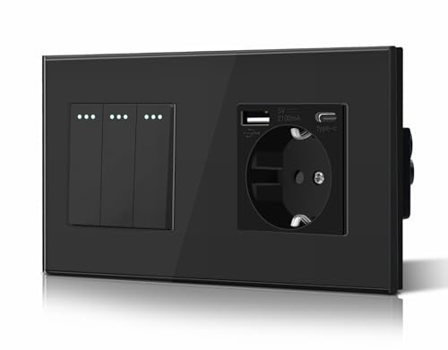 BSEED Druckknopf Rocker Tactile 3 Fach 1 Weg Lichtschalter Glas und 3 in 1 Steckdose mit 2.1A USB Ladeleistung mit Type C Adapter Aufladestation Glasscheibe Wandschalter Schwarz BSEED Druckknopf Rocker Tactile 3 Fach 1 Weg Lichtschalter Glas und 3 in 1 Steckdose mit 2.1A USB Ladeleistung mit Type C Adapter Aufladestation Glasscheibe Wandschalter Schwarz von BSEED