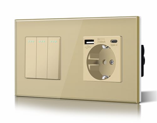 BSEED Druckknopf Rocker Tactile 3 Fach 2 Weg Lichtschalter Glas und 3 in 1 Steckdose mit 2.1A USB Ladeleistung mit Type C Adapter Aufladestation Glasscheibe Wandschalter Gold von BSEED