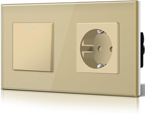 BSEED Druckknopf lichtschalter glas und 16A AC EU Steckdose Glasscheibe 1 Fach 2 Weg Wandschalter Gold BSEED Druckknopf lichtschalter glas und 16A AC EU Steckdose Glasscheibe 1 Fach 2 Weg Wandschalter Gold von BSEED