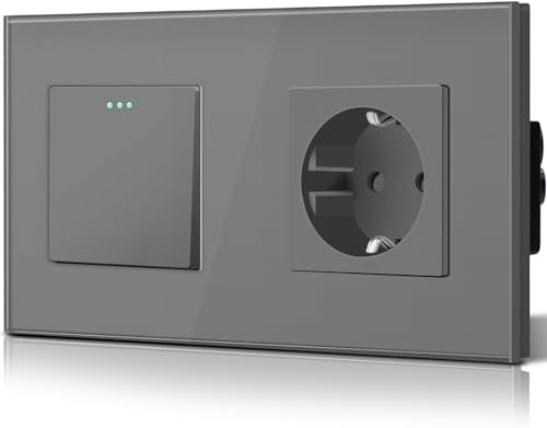 BSEED Druckknopf lichtschalter glas und 16A AC EU Steckdose Glasscheibe 1 Fach 3 Weg Kreuzung Wandschalter Grau BSEED Druckknopf lichtschalter glas und 16A AC EU Steckdose Glasscheibe 1 Fach 3 Weg Kreuzung Wandschalter Grau von BSEED