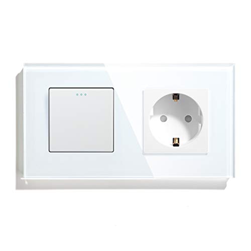 BSEED Druckknopf lichtschalter glas und 16A AC EU Steckdose Glasscheibe 1 Fach 3 Weg Kreuzung Wandschalter Weiß von BSEED