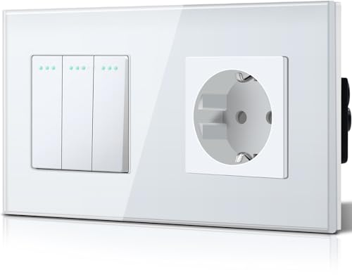 BSEED Druckknopf lichtschalter glas und 16A AC EU Steckdose Glasscheibe 3 Fach 2 Weg Wandschalter Weiß von BSEED