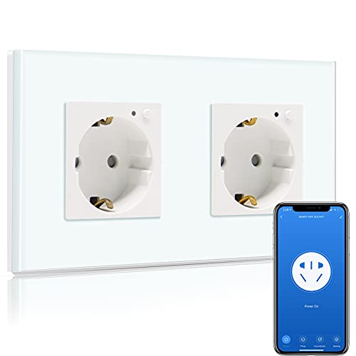 BSEED Wifi Smart Steckdose,arbeitet mit Amazon Alexa,Google Home,Timing-Funktion und APP-Steuerung,2 Fach Schuko Steckdose Weiß,Unterputz Glas Intelligente Steckdose-auf NUR 2.4 GHz Netzwerk von BSEED
