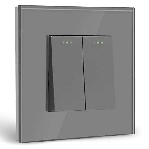 BSEED Lichtschalter 2 Fach 1 Weg Glas Lichtschalter Unterputz Taste Schalter Wandschalter Grau Kristall Kippschalter von BSEED