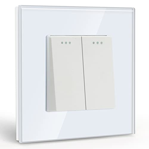 BSEED Lichtschalter 2 Fach 1 Weg Glas Lichtschalter Unterputz Taste Schalter Wandschalter Weiß Kristall Kippschalter von BSEED