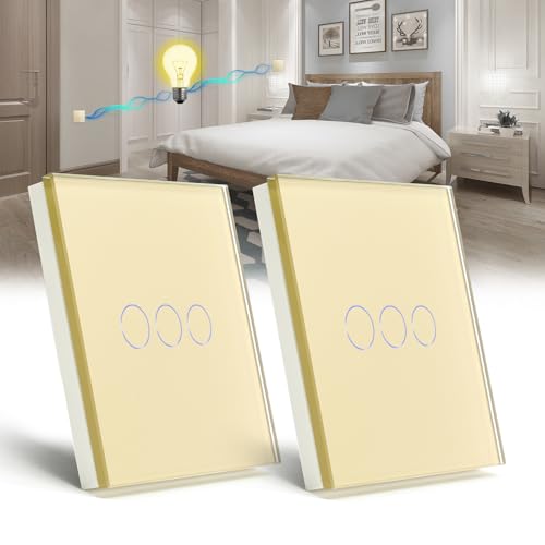 BSEED Lichtschalter 3 Fach 2 Weg Wandschalter gehärtetes Glas Touchscreen-schalter 86mm Unterputzschalter Gold - 2 pack(Nicht Smart Schalter) von BSEED