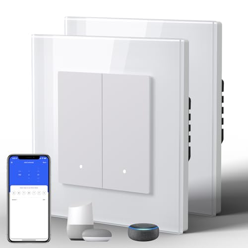 BSEED Lichtschalter Glas Smart WiFi Wechselschalter Compatibel mit Google Home und Alexa Neutrale Leitung Benötigt, 2 Fach 2 Wege,86mm Weiß, 2 Pack von BSEED