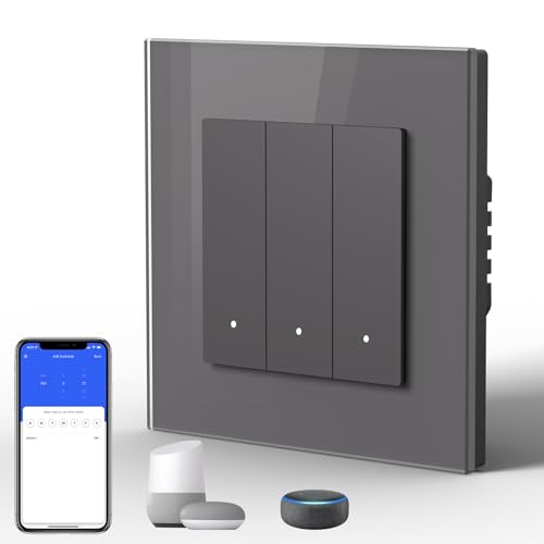 BSEED Lichtschalter Glas Smart WiFi Wechselschalter Compatibel mit Google Home und Alexa Neutrale Leitung Benötigt, 3 Fach 1 Weg, 86mm Grau BSEED Lichtschalter Glas Smart WiFi Wechselschalter Compatibel mit Google Home und Alexa Neutrale Leitung Benötigt, 3 Fach 1 Weg, 86mm Grau von BSEED