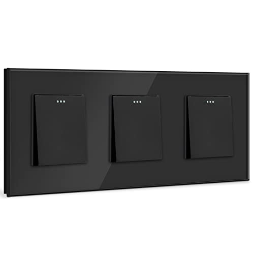 BSEED Lichtschalter Unterputz Schalter Physische Taste Schalter Tripel 1 Fach 1 Weg Glas Lichtschalter 10A Wandschalter Kristall Schwarz Kippschalter von BSEED
