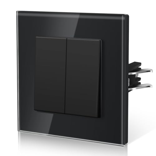 BSEED Lichtschalter Unterputz aus Glas,Normaler-Taste Schalter,Wechselschalter mit Krallen,Einfach Montage,10 Amp 250 V,NEU E-Serie,2 Fach 1 Weg,86mm Schwarz von BSEED