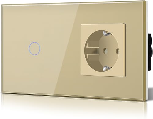 BSEED Lichtschalter mit Schuko Steckdose Glas, unterputz, 16 Amp CEE steckdosentresor, 1 Fach 1 Weg Touch Wandleuchtenschalter Gold, Flacher wechselschalter, Modern, Wasserdicht Innenschalter von BSEED