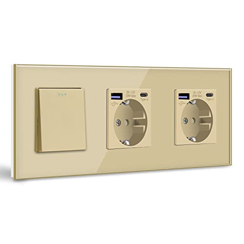 BSEED Lichtschalter mit Steckdose, Doppel Schuko Unterputz Steckdose mit USB C 20W Schnellladegerät USB Type C, 1 Fach 1 Weg Taste Schalter, Wandschalter mit Glas Rahmen Geeignet für Phone, Pad-Gold BSEED Lichtschalter mit Steckdose, Doppel Schuko Unterputz Steckdose mit USB C 20W Schnellladegerät USB Type C, 1 Fach 1 Weg Taste Schalter, Wandschalter mit Glas Rahmen Geeignet für Phone, Pad-Gold von BSEED