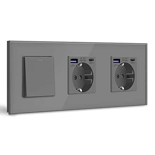 BSEED Lichtschalter mit Steckdose, Doppel Schuko Unterputz Steckdose mit USB C 20W Schnellladegerät USB Type C, 1 Fach 2 Weg Taste Schalter, Wandschalter mit Glas Rahmen Geeignet für Phone, Pad-Grau BSEED Lichtschalter mit Steckdose, Doppel Schuko Unterputz Steckdose mit USB C 20W Schnellladegerät USB Type C, 1 Fach 2 Weg Taste Schalter, Wandschalter mit Glas Rahmen Geeignet für Phone, Pad-Grau von BSEED