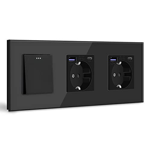BSEED Lichtschalter mit Steckdose, Doppel Schuko Unterputz Steckdose mit USB C 20W Schnellladegerät USB Type C, 1 Fach 2 Weg Taste Schalter mit Glas Rahmen Geeignet für Phone, Pad-Schwarz von BSEED