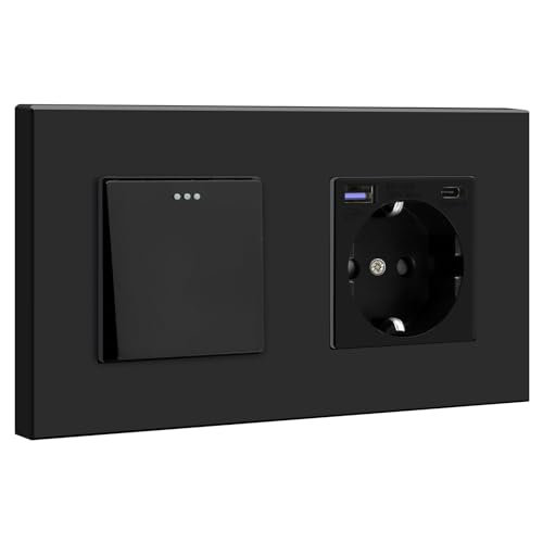 BSEED Lichtschalter mit USB C Steckdose Schnellladung 20W, 1 Fach 1 Weg Taste Schalter mit Schuko Steckdose unterputz, Wandschalter, PC Rahmen- Schwarz BSEED Lichtschalter mit USB C Steckdose Schnellladung 20W, 1 Fach 1 Weg Taste Schalter mit Schuko Steckdose unterputz, Wandschalter, PC Rahmen- Schwarz von BSEED