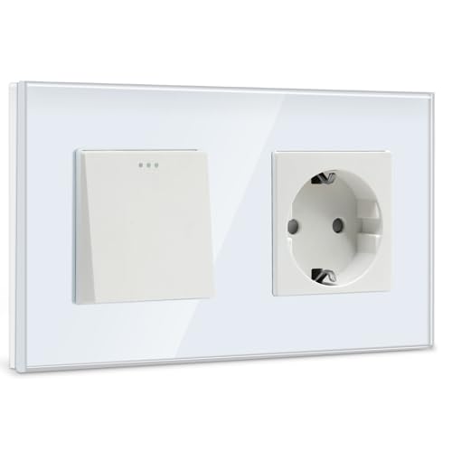 BSEED Lichtschalter mit Steckdose 1 Fach 1 Weg,10A Kristall Glas Platte Wandschalter mit 16A Schuko Steckdose Weiß, Physische Taste Schalter mit Steckdose- 157mm von BSEED