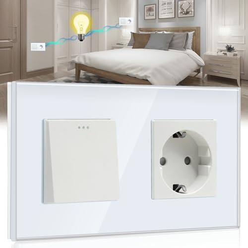 BSEED Lichtschalter mit Steckdose 1 Fach 2 Wege,10A Kristall Glas Platte Wandschalter mit 16A Schuko Steckdose Weiß,Physische Unterputz Wechselschalter mit Steckdose- 157mm von BSEED