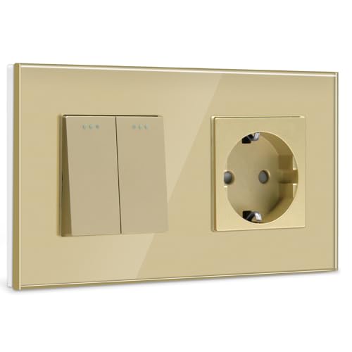 BSEED Lichtschalter mit Steckdose 2 Fach 1 Weg,10A Kristall Glas Platte Wandschalter mit 16A Schuko Steckdose Gold,Physische Unterputz Wandschalter mit Steckdose- 157mm BSEED Lichtschalter mit Steckdose 2 Fach 1 Weg,10A Kristall Glas Platte Wandschalter mit 16A Schuko Steckdose Gold,Physische Unterputz Wandschalter mit Steckdose- 157mm von BSEED
