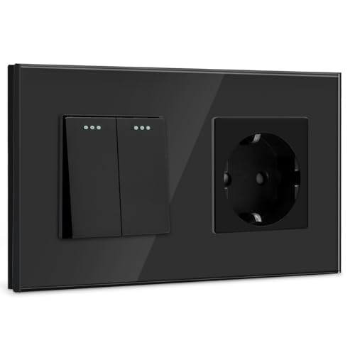 BSEED Lichtschalter mit Steckdose 2 Fach 1 Weg,10A Kristall Glas Platte Wandschalter mit 16A Schuko Steckdose Schwarz,Physische Unterputz Wandschalter mit Steckdose- 157mm von BSEED
