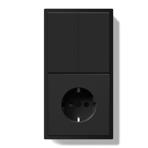 BSEED Lichtschalter mit Steckdose 2 Fach 1 Weg Unterputz, Modern Wandschalter Schuko Steckdose mit PC Rahmen, Taste Schalter mit Kabelklemmen und Krallen, Schwarz von BSEED