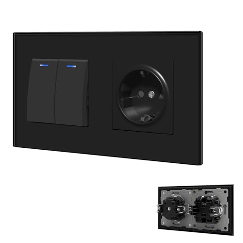 BSEED Lichtschalter mit Steckdose 2 Fach 2 Weg, Lichtschalter Glas Schuko Steckdose Unterputz mit Steckklemme, Taster Schalter Unterputz mit LED Kontrollleuchte, Schwarz von BSEED