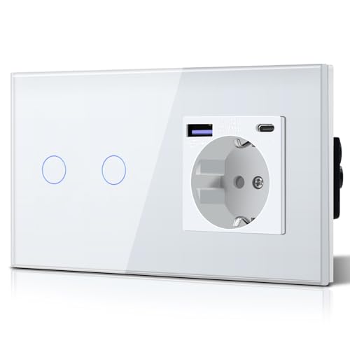 BSEED Lichtschalter mit Steckdose 20W USB C, Schnellladegerät Wandsteckdose aus Glas, 2 Fach 1 Weg Touch Schalter, Einfache Installation, 240V 16A, 157mm Weiß von BSEED