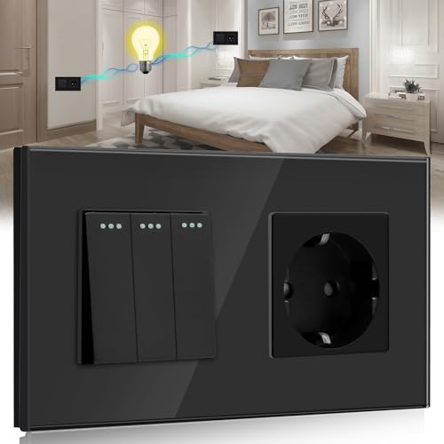 BSEED Lichtschalter mit Steckdose 3 Fach 2 Wege,10A Kristall Glas Platte Wandschalter mit 16A Schuko Steckdose Schwarz,Physische Unterputz Wechselschalter mit Steckdose- 157mm von BSEED