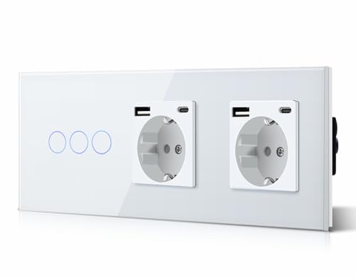 BSEED Lichtschalter mit Steckdose Doppelt 3 in 1 Steckdose + 2.1A USB Ladeleistung + Type C Adapter, 3 Fach 2 Weg Lichtschalter Glasscheibe Schalter mit LED Hintergrundbeleuchtung 228mm Weiß von BSEED