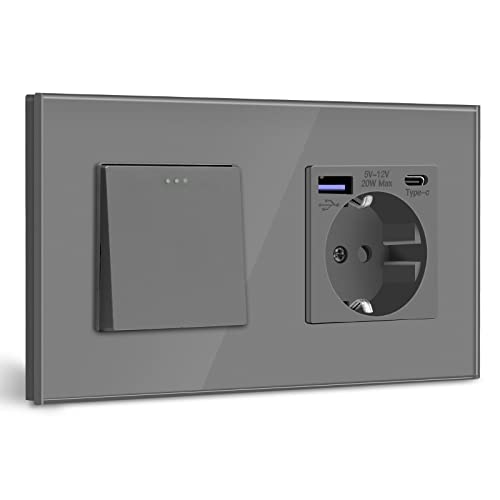 BSEED Lichtschalter mit Steckdose Schuko Unterputz Steckdose mit USB C 20W Schnellladegerät USB Type C 1 Fach 2 Wege Taste Schalter mit Glas Rahmen Wandsteckdose Geeignet für Phone, Pad-Grau BSEED Lichtschalter mit Steckdose Schuko Unterputz Steckdose mit USB C 20W Schnellladegerät USB Type C 1 Fach 2 Wege Taste Schalter mit Glas Rahmen Wandsteckdose Geeignet für Phone, Pad-Grau von BSEED