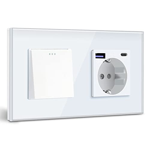 BSEED Lichtschalter mit Steckdose Schuko Unterputz Steckdose mit USB C 20W Schnellladegerät USB Type C 1 Fach 2 Wege Taste Schalter mit Glas Rahmen Wandsteckdose Geeignet für Phone, Pad-Weiß von BSEED