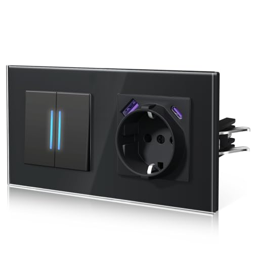 BSEED Lichtschalter mit Steckdose USB C 20W, Schnellladen Wandsteckdose mit Unterputz Schalter, Wechselschlter Mit Krallen, NEU E-Serie,2 Fach 2 Wege,Schwarz 157mm von BSEED