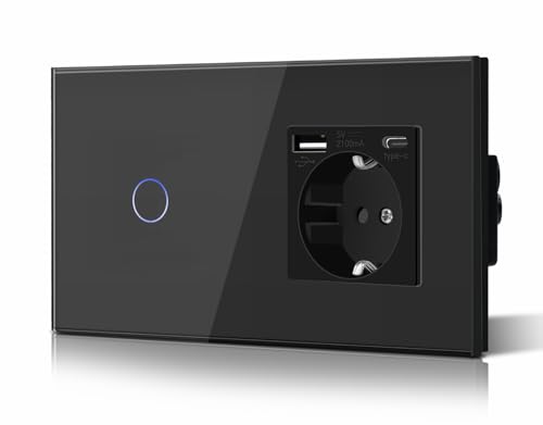 BSEED Lichtschalter mit Steckdose Unterputz 1 Fach 1 Weg Lichtschalter + 3 in 1 Steckdose mit 2.1 A USB Ladeleistung und Type C Adapter Aufladestation Verlängerungssteckdosen Glas 157mm Schwarz von BSEED