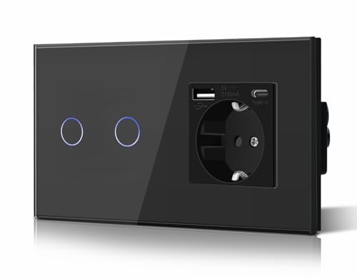BSEED Lichtschalter mit Steckdose Unterputz 2 Fach 1 Weg Lichtschalter + 3 in 1 Steckdose mit 2.1 A USB Ladeleistung und Type C Adapter Aufladestation Verlängerungssteckdosen Glas 157mm Schwarz von BSEED